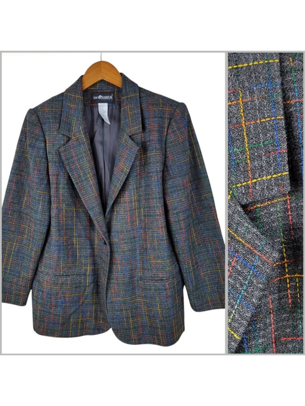 Sag Harbor Blazer Size 10 Petite Rainbow Career Wool Gray Vintage Boxy alt